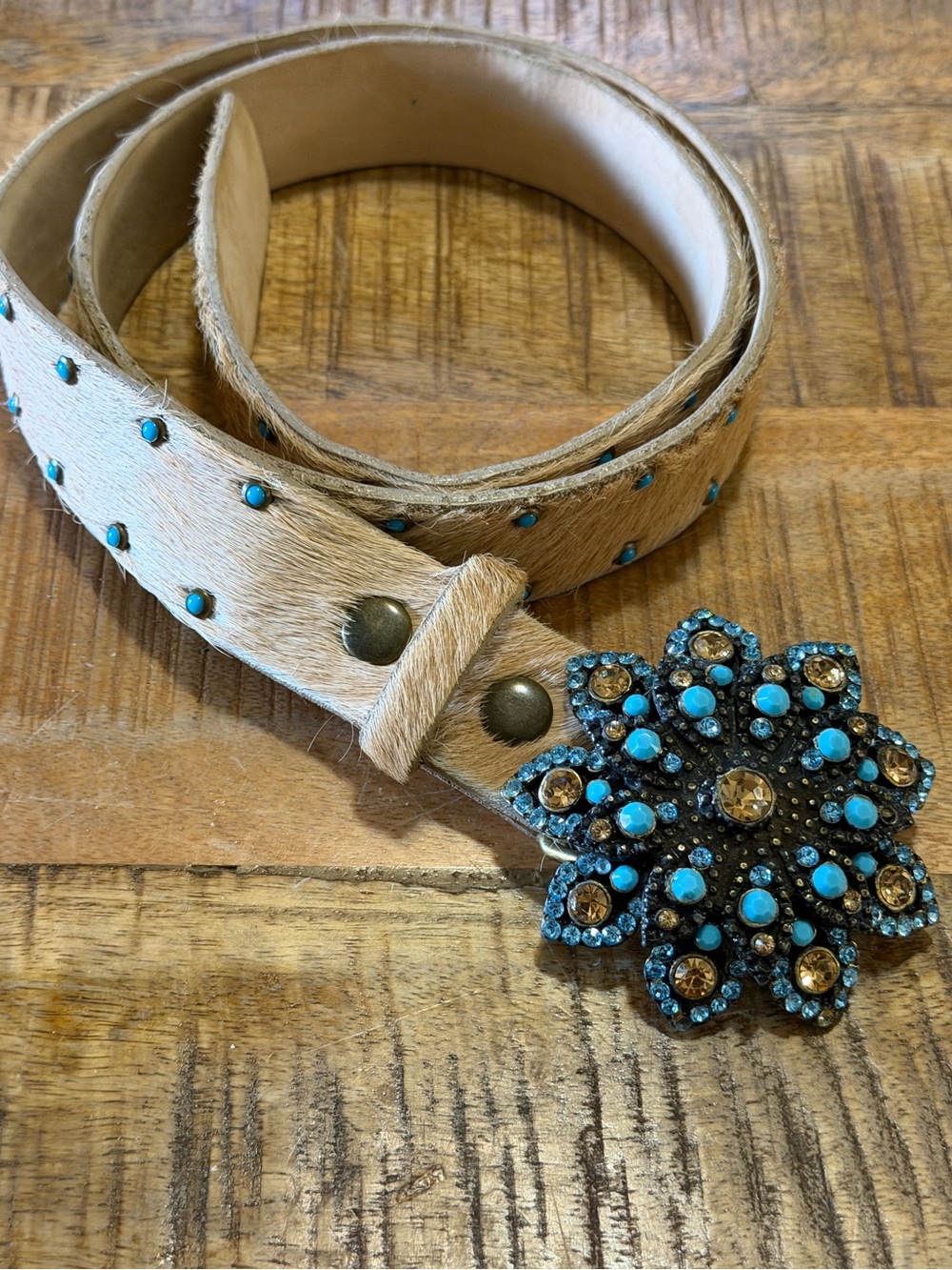 Leather Rock Belt Suede Pony hair Rhinestone Jeweled Buckle Women's L36 Western